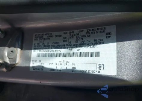 2016 Ford Escape Se из США, поврежденный, VIN 1FMCU0G76GUC41872